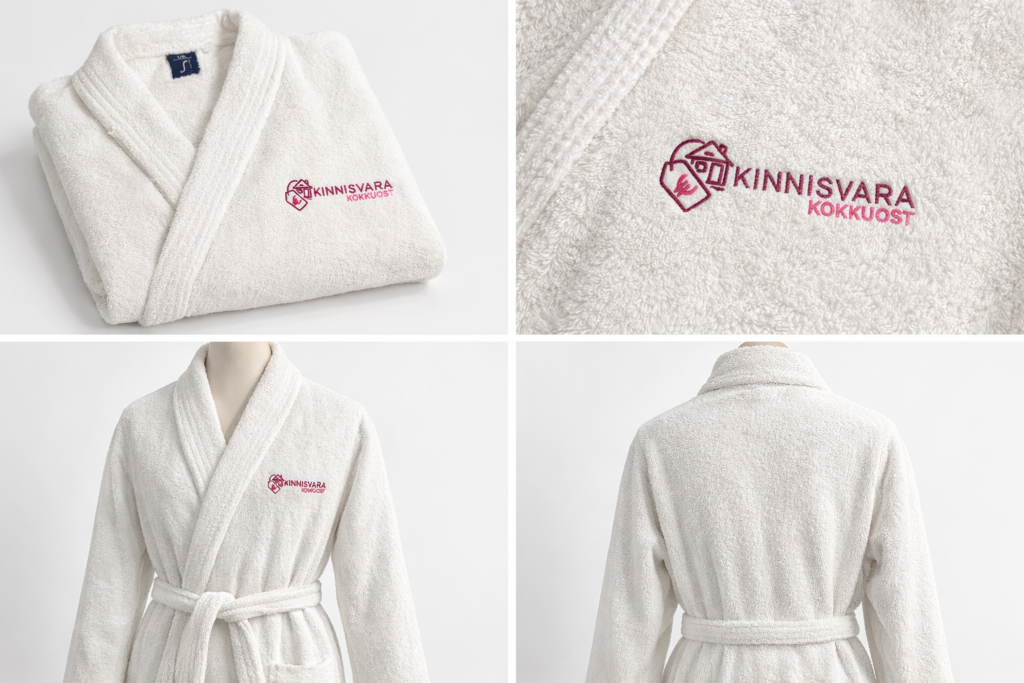 kinnisvarafirma logoga hommikumantel tikandiga Tallinnas